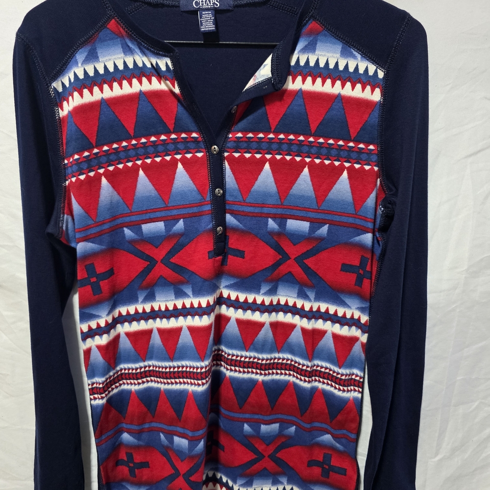 Ralph Lauren Chaps Denim Top Womens Red White Bue Aztec Southwestern Henley